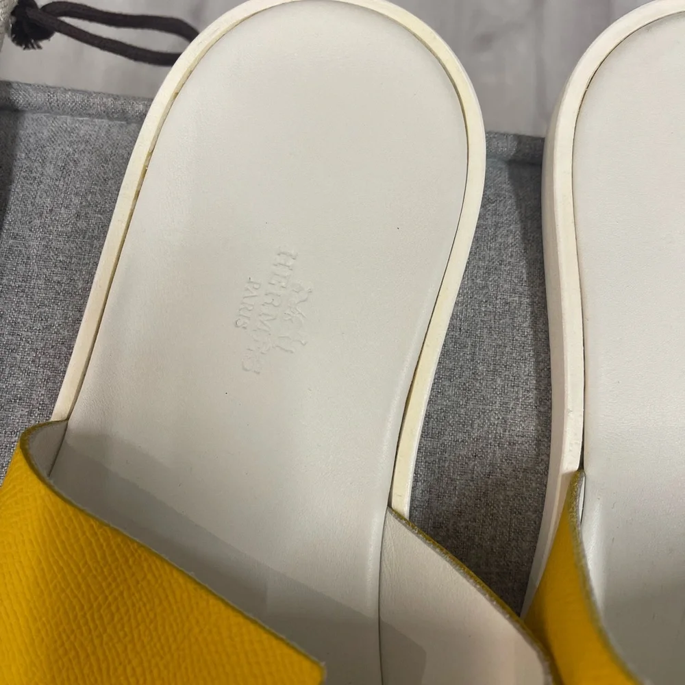 Hermes Yellow Oran Leather Slide Sandals